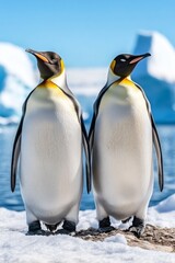 Fototapeta premium Two emperor penguins stand side by side on an icy landscape near the ocean in Antarctica under a clear blue sky