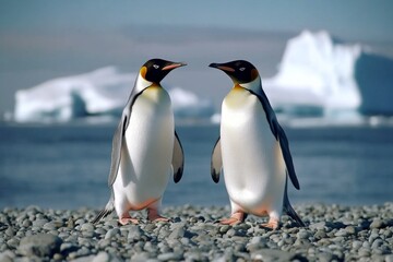 Fototapeta premium Two emperor penguins standing on a rocky shore near icy formations in Antarctica during daylight with a clear sky above