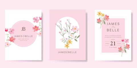 Elegant wedding invitation card background vector. Minimal hand painted watercolor botanical flowers texture template background. Design illustration for wedding, vip cover, poster, rsvp modern card.