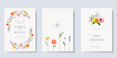 Elegant wedding invitation card background vector. Minimal hand painted watercolor botanical flowers texture template background. Design illustration for wedding, vip cover, poster, rsvp modern card.
