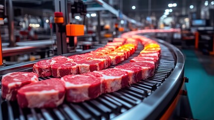 Close-up of raw beef steaks moving on a conveyor belt in a food processing plant.