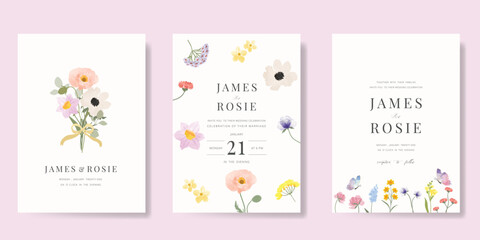 Elegant wedding invitation card background vector. Minimal hand painted watercolor botanical flowers texture template background. Design illustration for wedding, vip cover, poster, rsvp modern card.