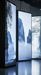 Three tall screens displaying serene mountain landscapes with mist.