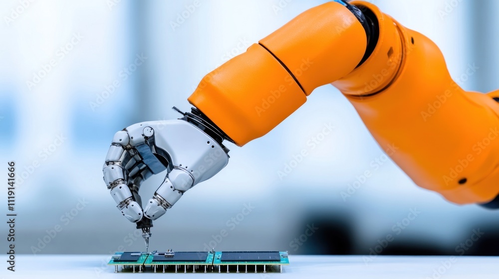Poster robotic arm assembling electronic components on a circuit board.