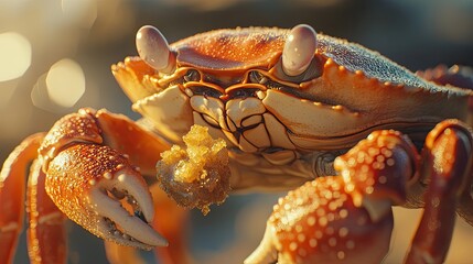 Golden Crab Eats Small Yellow Food Piece