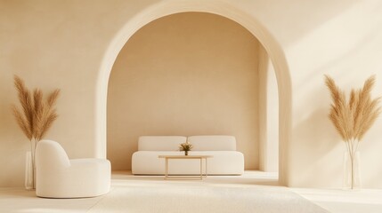 Modern interior design, living room with beige walls and arched doorways.