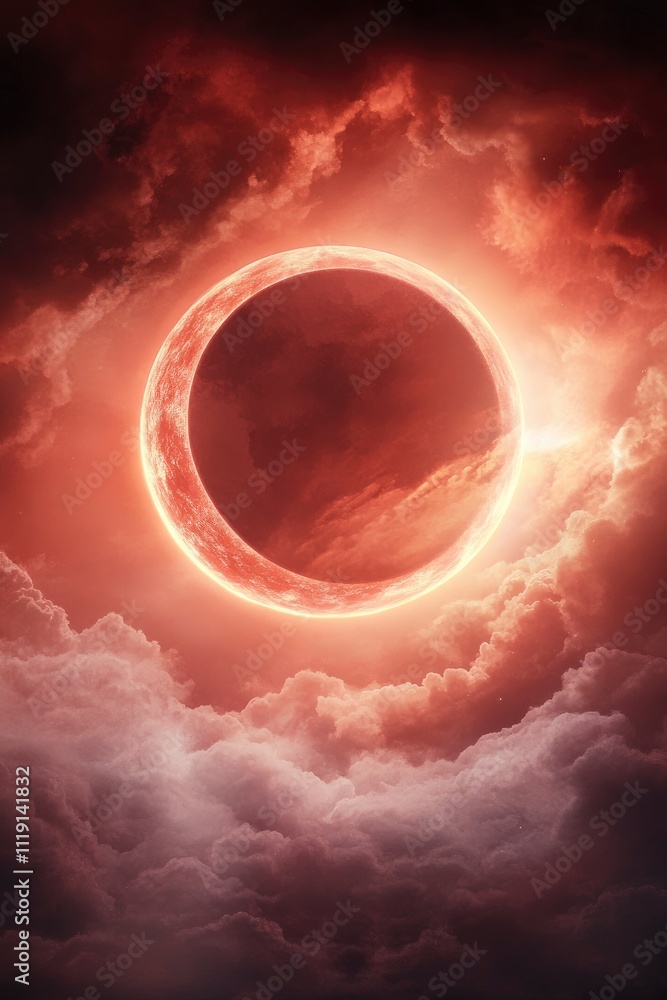 Wall mural glowing red moon in the sky with clouds in red color hue
