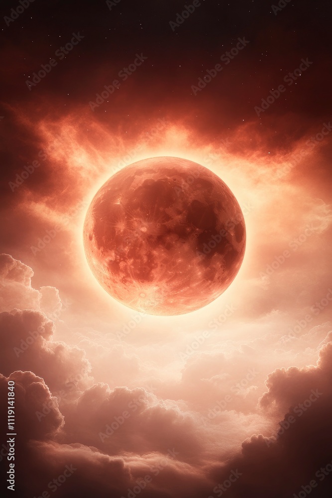 Wall mural glowing red moon in the sky with clouds in red color hue