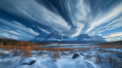 Fototapeta premium Dramatic winter landscape with vibrant sky and snowy mountains. Frozen river, colorful autumnal trees, and dramatic clouds.