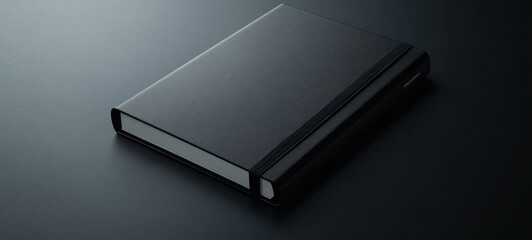 Elegant Black Notebook on Dark Surface: A Minimalist Still Life