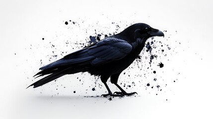 Black raven silhouette with paint splatters isolated on white background