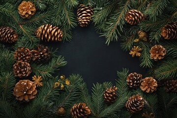 Pine branches, pine cones, gold accents form a festive frame. Ideal for holiday cards, winter backgrounds, or Christmas promotions.