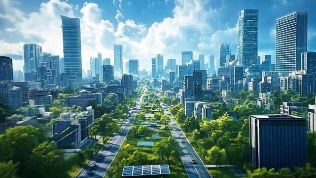 A Greener Future: A sprawling urban landscape is transformed by lush greenery, showcasing a vision of sustainable city living. Green spaces weave through towering skyscrapers.