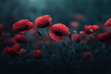 Vibrant red poppies in a field at dusk. Perfect for remembrance, peace, or nature themes.