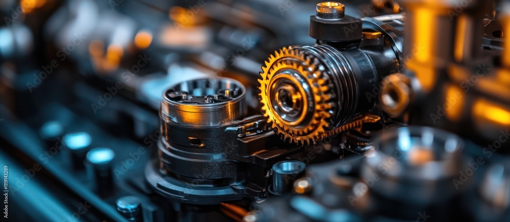 Poster Close-up of a complex mechanical system with intricate gears and metallic components, highlighting the precision and complexity of industrial machinery.