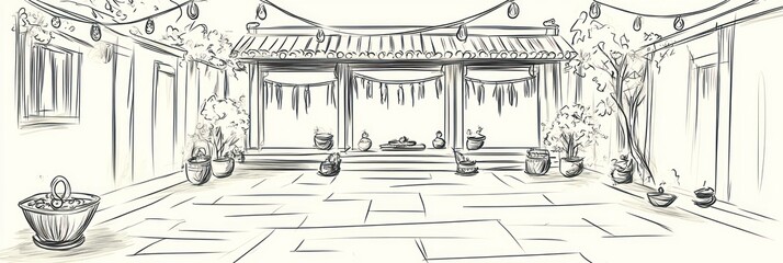 A serene courtyard with plants, pots, and decorative lights, evoking a peaceful atmosphere.