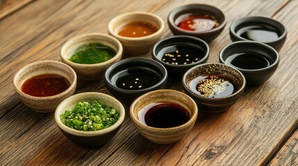 Assorted Sauces and Condiments in Small Bowls on Wooden Table