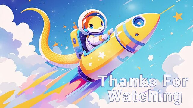 A cheerful feline explorer rides a vibrant rocket in the cosmos. thanks for watching stream overlay seamless loop Vtuber streamer asset twitch zoom OBS screen animated wallpaper virtual background