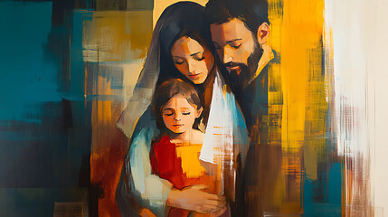 Heartwarming painting of the Holy Family gathered together in the stable with loving expressions  © sasisom