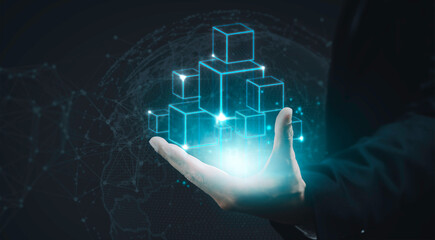 Blockchain Technology Concept, Businessman showing Decentralized Global Networking, Secure...