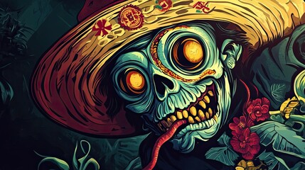 Grim Calavera Wearing a Sombrero Amidst Flowers