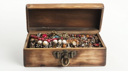 A wooden box containing jewelry opened--S 250.