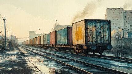 Fototapeta premium Long freight train with colorful containers on railway tracks in an industrial area. Depicts efficient goods transport, emphasizing global trade and logistics.