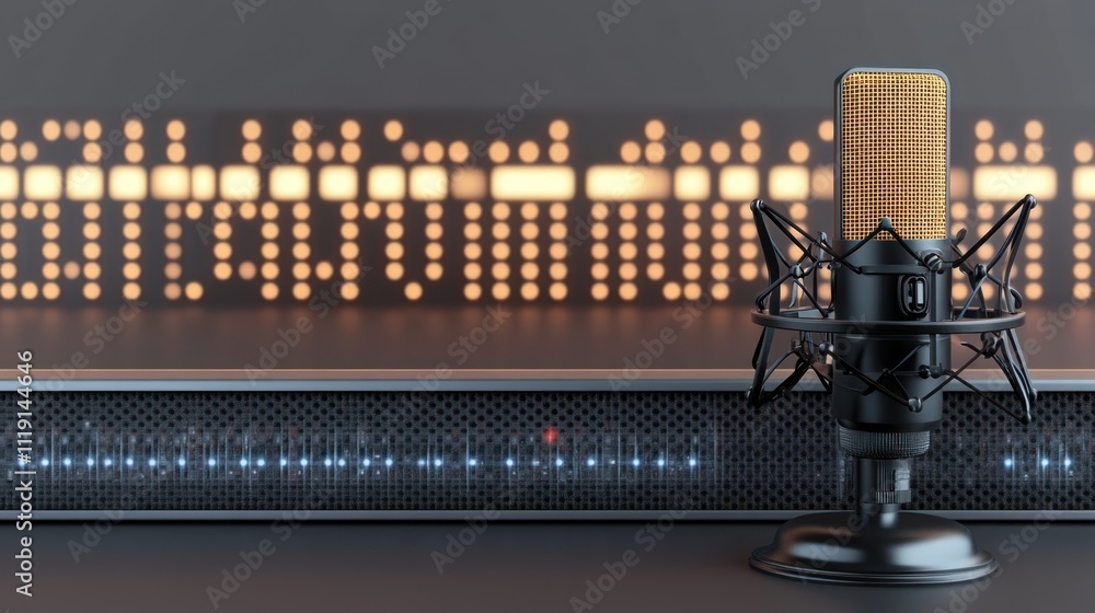 Poster a microphone set against a backdrop of sound wave graphics, suggesting audio recording or broadcasti
