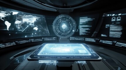 Futuristic Control Room with Holographic Displays and World Map