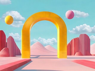 Gateway to the Infinite Horizon.Sunlit Archway in a Dreamscape Desert