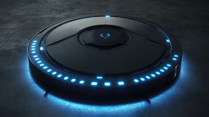 Futuristic Hovering Device with Glowing Blue Lights on Surface