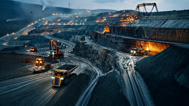 Nighttime Mining Operation: An Aerial View of Heavy Machinery at Work