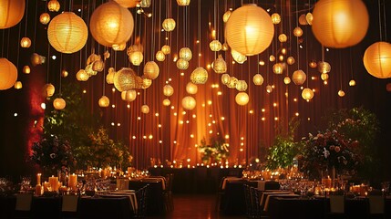 Obraz premium Elegant wedding reception with hanging paper lanterns, candlelight, and floral arrangements.
