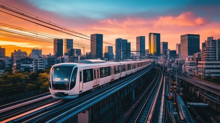 Naklejka premium Modern Train at Sunset in Urban Cityscape with Skyscrapers
