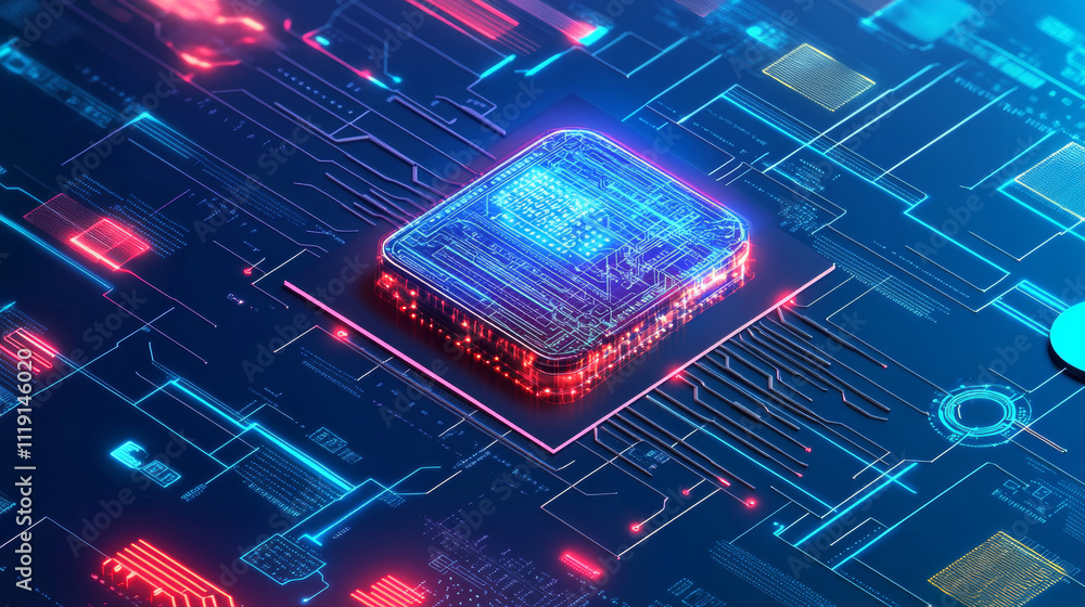 Poster Advanced Technology Concept Visualization: Circuit Board CPU Processor Microchip Starting Artificial Intelligence Digitalization of Neural Networking and Cloud Computing. Digital Lines Move Data