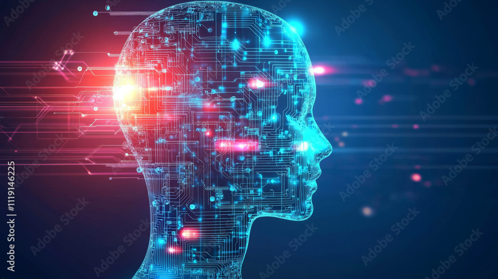 Poster Advanced Technology Concept Visualization: Circuit Board CPU Processor Microchip Starting Artificial Intelligence Digitalization of Neural Networking and Cloud Computing. Digital Lines Move Data