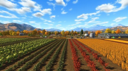 Vibrant Farm Landscape with Crop Rows and Mountain Backdrop
