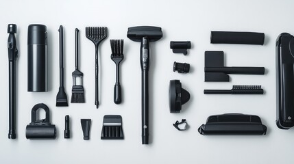 Obraz premium Various Cleaning Tools and Accessories in Black on White Surface