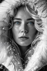 Macro Portrait of Freckled Woman in Snowy Fur Jacket