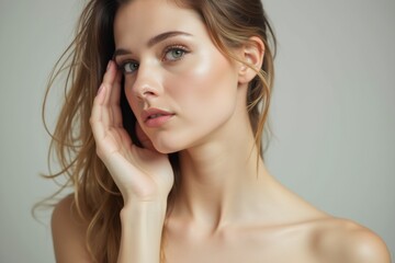 Obraz premium Natural beauty portrait of a young woman with glowing skin and bare shoulders, emphasizing elegance and freshness in a minimalist studio setting for skincare and cosmetics
