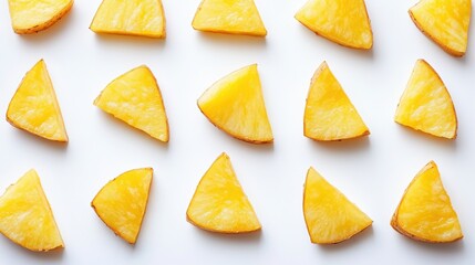 Triangular slices of yellow potatoes arranged on a white background. Perfect for food blogs, recipe websites, or culinary publications.