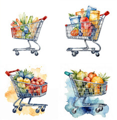Set of shopping cart in watercolor