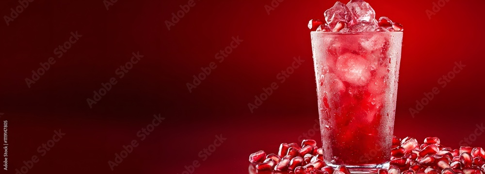 Poster a freshly squeezed pomegranate juice with ice, surrounded by a deep red gradient background