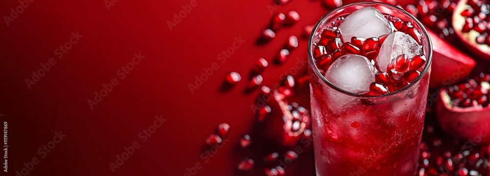 Poster a freshly squeezed pomegranate juice with ice, surrounded by a deep red gradient background