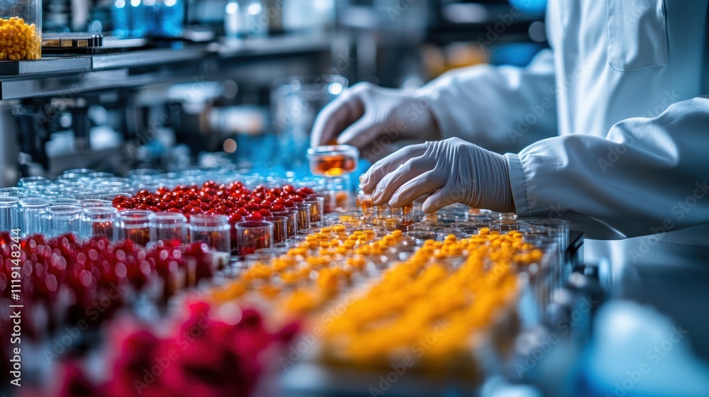 Poster scientist in a lab coat carefully handling a vial of liquid while working with rows of test tubes co