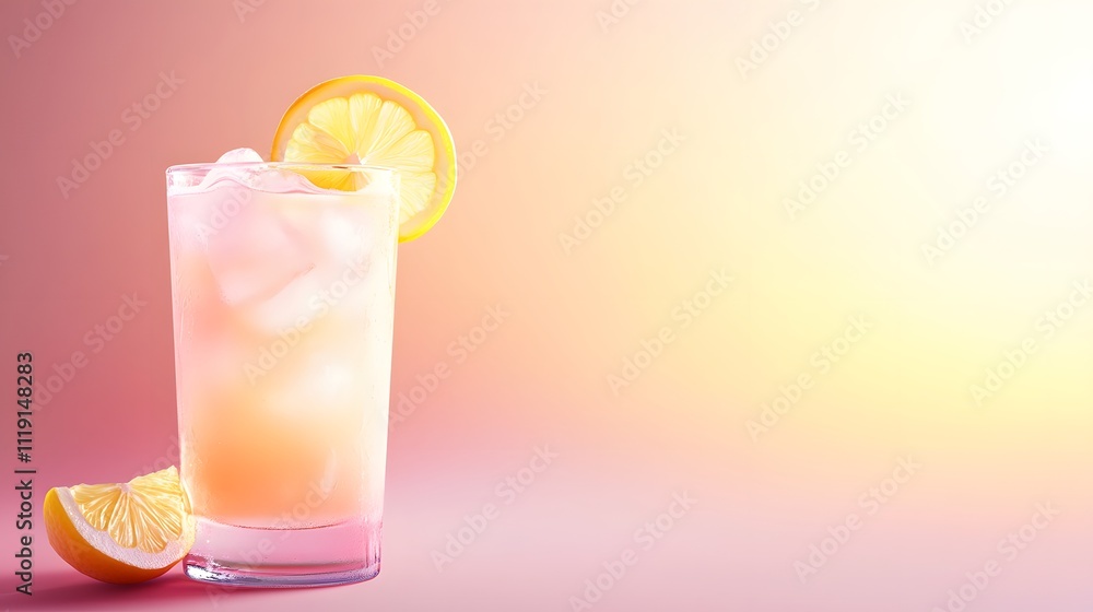 Poster a refreshing iced lemonade with a lemon slice, set against a soft gradient pink background