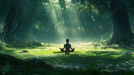 Fototapeta premium Serene silhouette of a person meditating in a sun-dappled forest clearing.