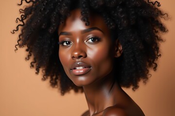 Fototapeta premium Elegant young African woman with radiant dark skin and voluminous natural curly hairstyle posing confidently on a beige backdrop, perfect for beauty concepts.