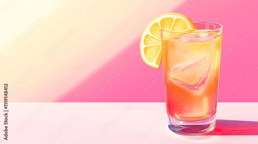 Poster a refreshing iced lemonade with a lemon slice, set against a soft gradient pink background