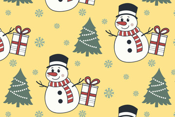 Seamless pattern with snowmen, Christmas trees, wrapped presents, snowflakes, yellow background. Flat festive design. For holiday wrapping paper and wallpaper